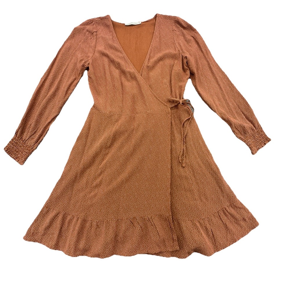Abercrombie & Fitch M Brown Polka Dot Wrap Dress Long Sleeve Ruffle Hem Stretch